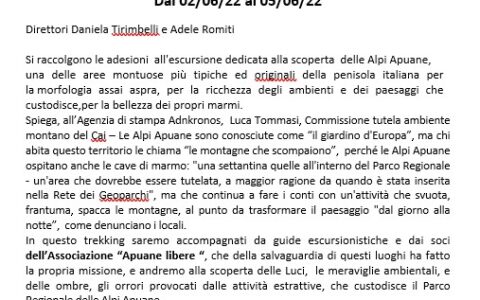 TREKKING: “ALLA SCOPERTA DELLE ALPI APUANE TRA LUCI E OMBRE” dal 2 al 5 Giugno 2022